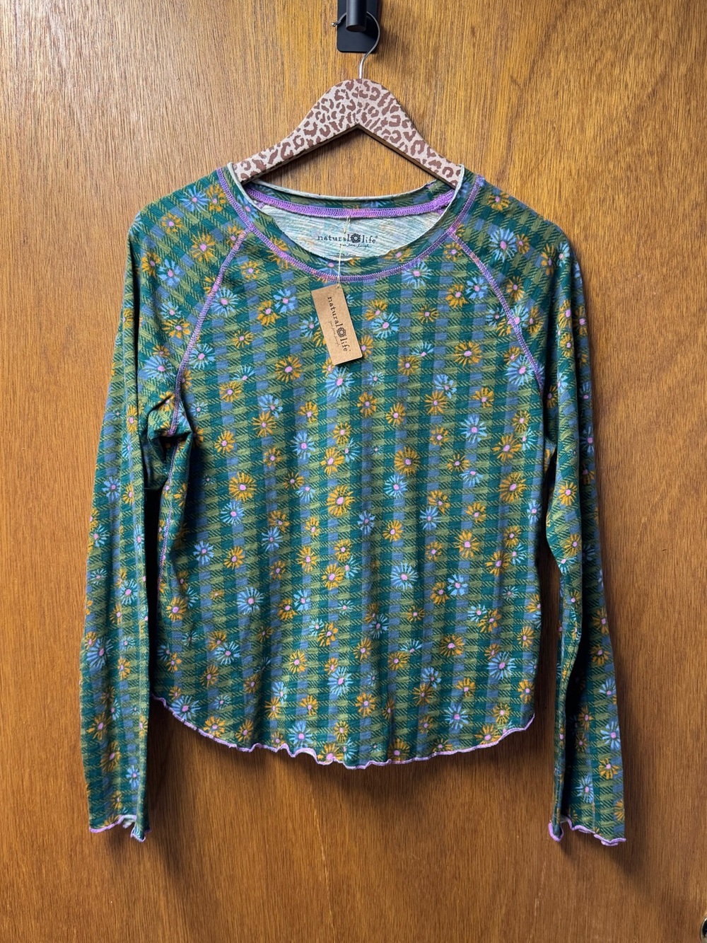 Natural Life Lily Cotton Long Sleeve Tee Shirt Plaid Floral Green Large NEW NWT - Picture 10 of 10